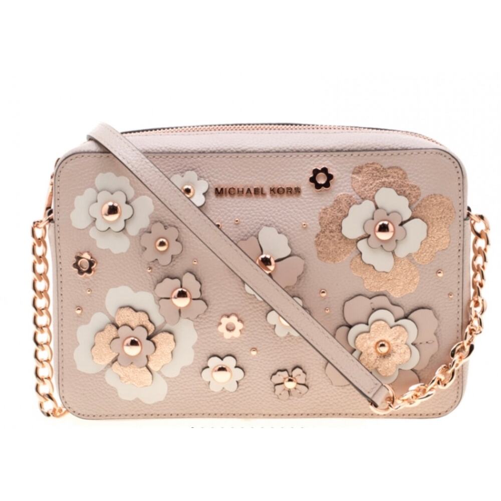 Michael Kors Jet Set Floral Embellished Leather Crossbody Bag Cream/Pink